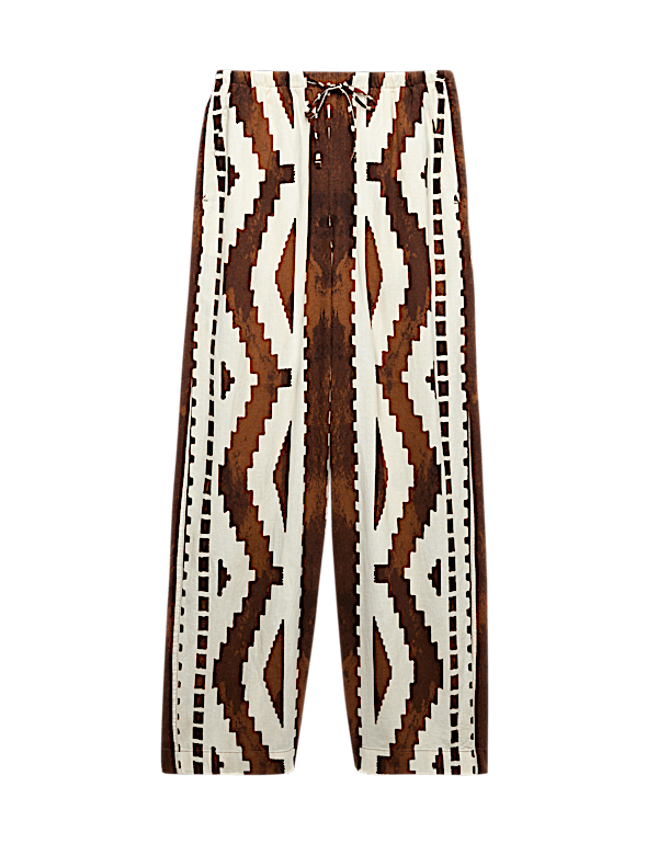 Linen Rich Geometric Drawstring Beach Trousers