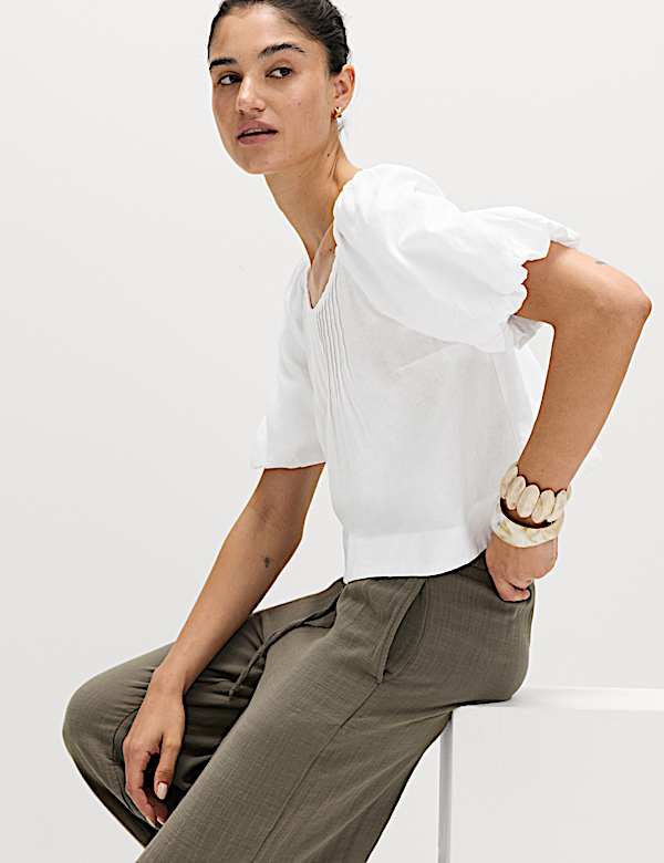 Linen Rich Pleated Puff Sleeve Top - IT