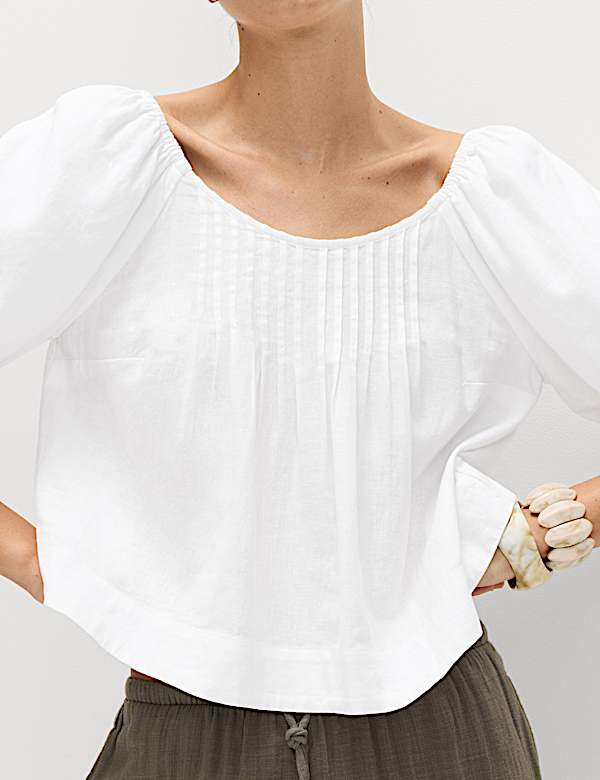 Linen Rich Pleated Puff Sleeve Top - IT