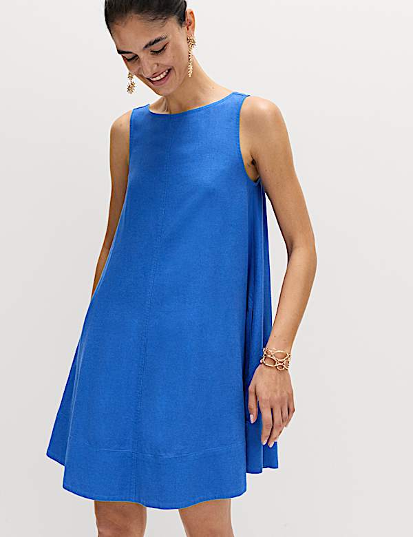 Marks & Spencer Linen Rich Scoop Neck Mini Swing Dress - Cobalt - US 8