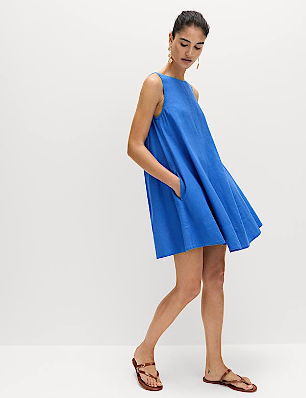 Linen Rich Scoop Neck Mini Swing Dress - CA