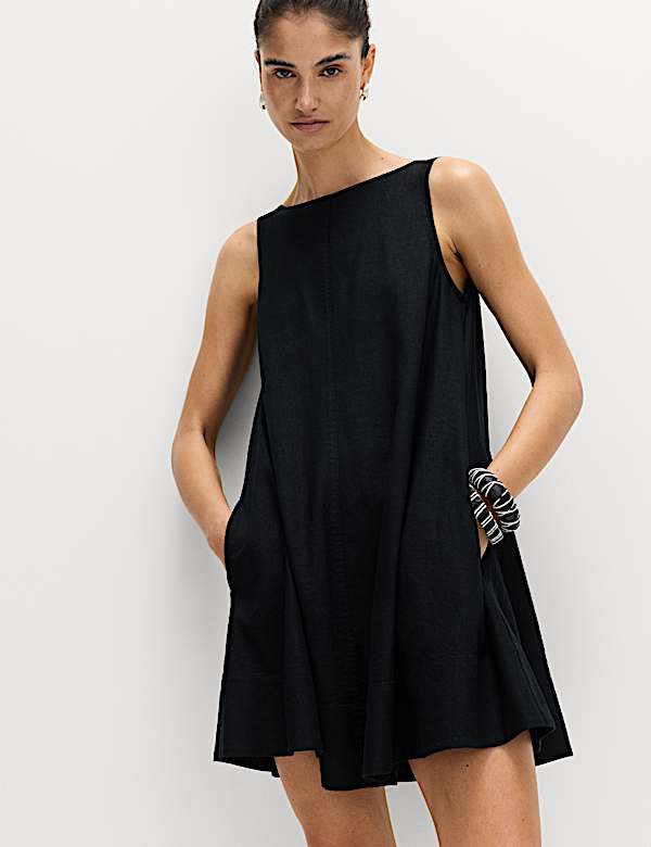 Linen Rich Scoop Neck Mini Swing Dress