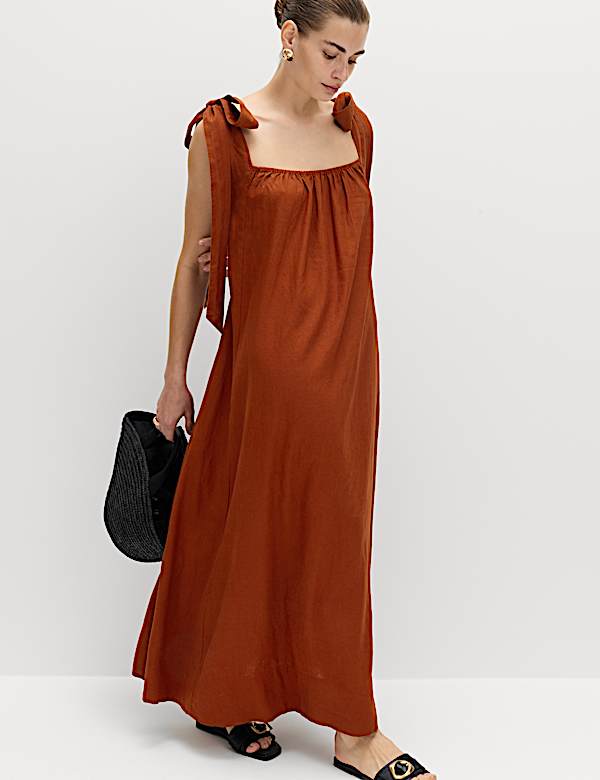 Linnenrijke maxi-strandjurk met strik - NL