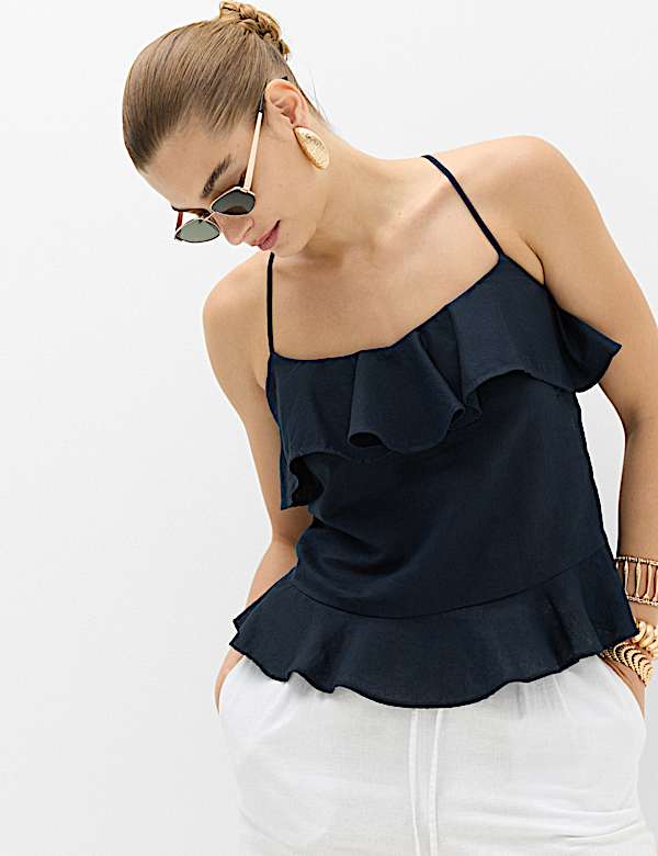Linen Cotton Blend Ruffle Cami Top
