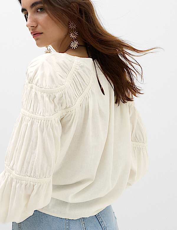 Linen Blend Relaxed Shirred Top