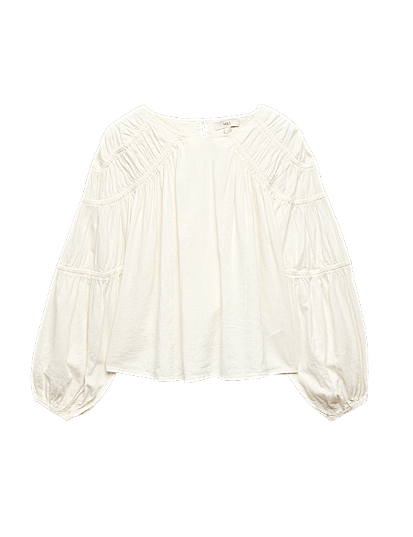 Linen Blend Relaxed Shirred Top