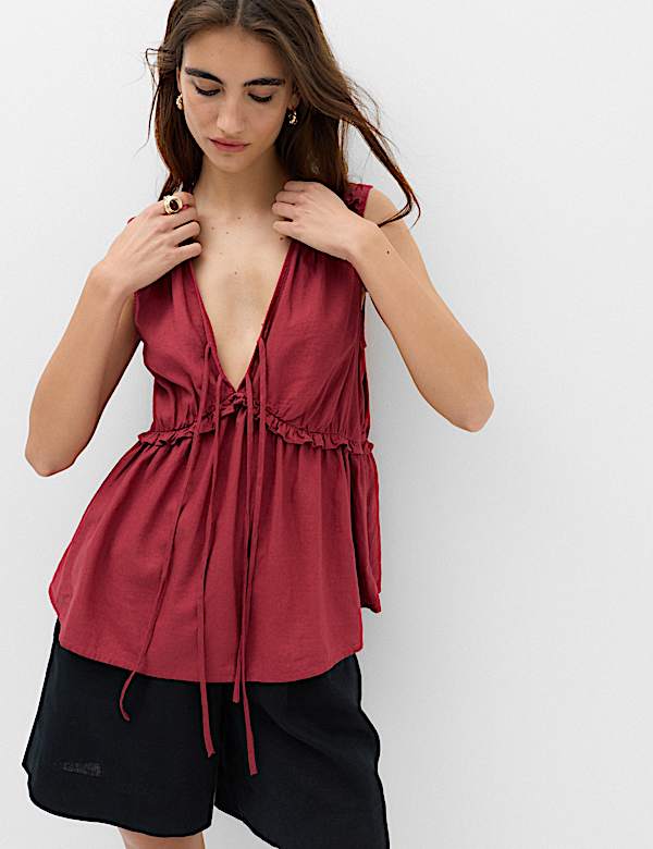 Linen Rich V-Neck Tie Detail Top | OXIDE | Tops | M&S US