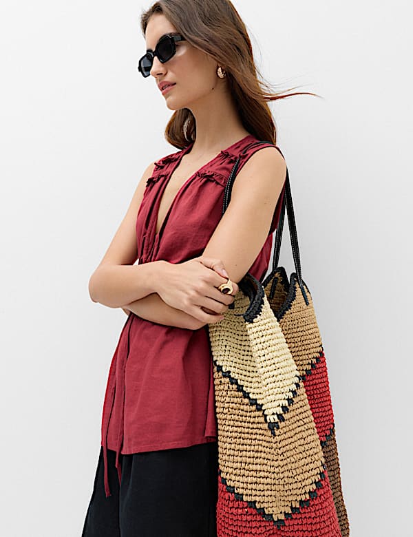 Linen Rich V-Neck Tie Detail Top - SE