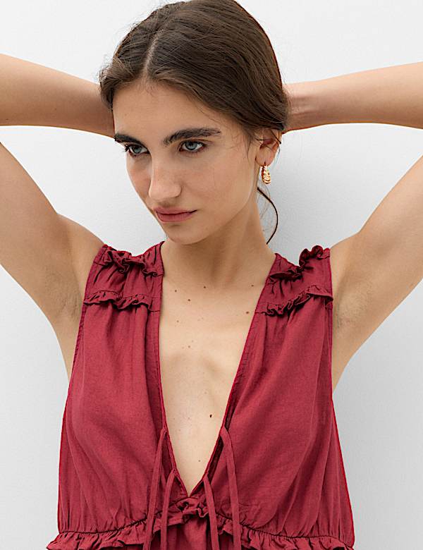 Linen Rich V-Neck Tie Detail Top - SE