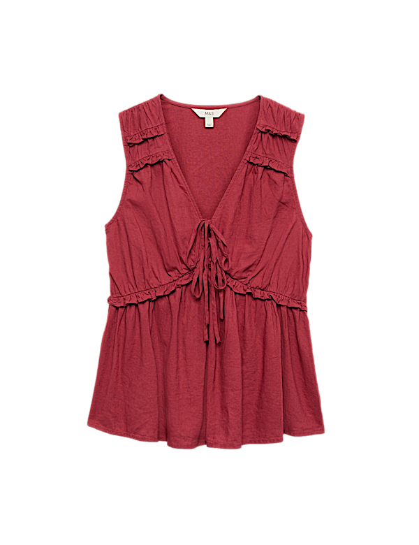 Linen Rich V-Neck Tie Detail Top