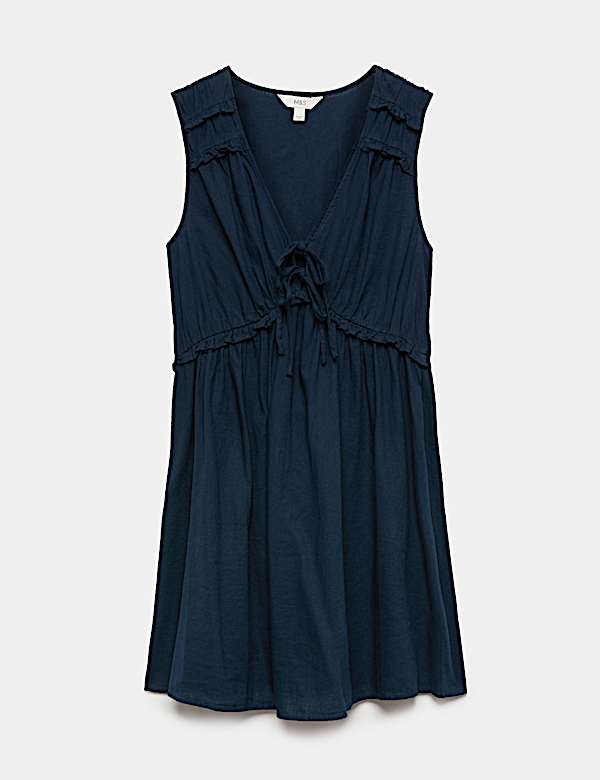 Linen Blend V-Neck Tie Detail Mini Dress - KG