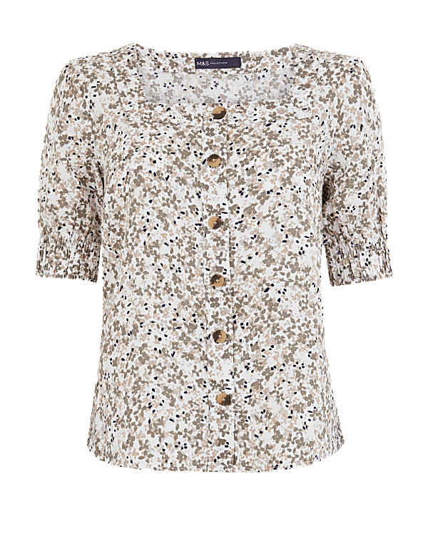 Pure Linen Floral Button Detail Blouse