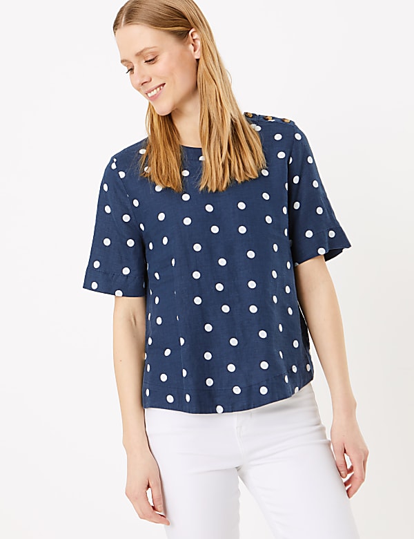 Pure Linen Polka Dot Short Sleeve Top