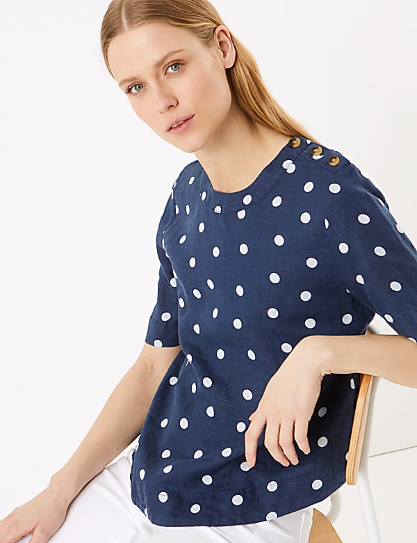 Pure Linen Polka Dot Short Sleeve Top
