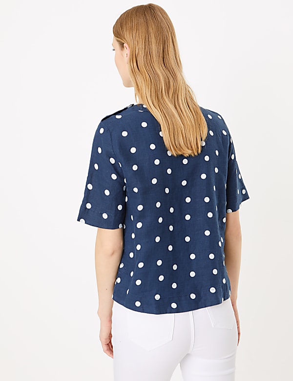 Pure Linen Polka Dot Short Sleeve Top