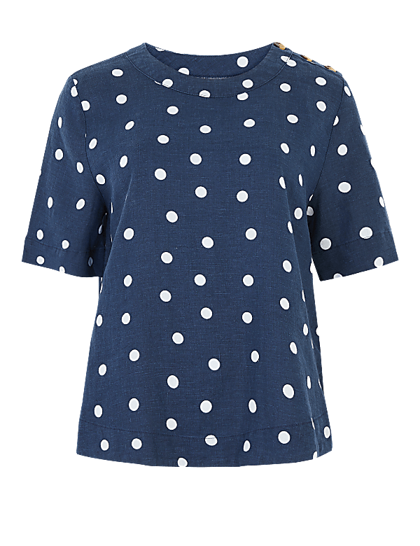 Pure Linen Polka Dot Short Sleeve Top