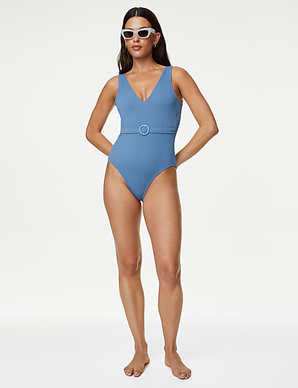 Ribbed Padded Belted Plunge Swimsuit