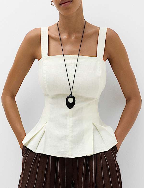 Pure Linen Square Neck Panelled Peplum Top - BE