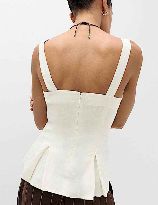 Pure Linen Square Neck Panelled Peplum Top - BE