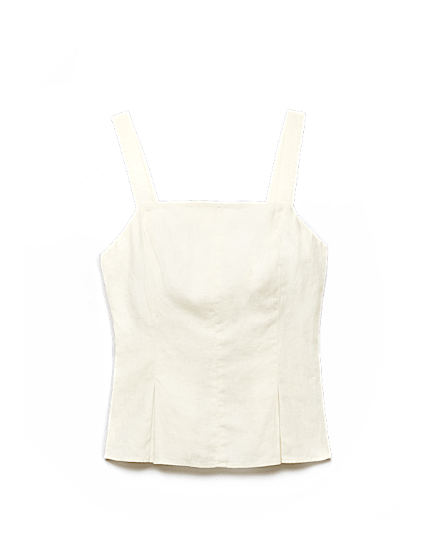 Pure Linen Square Neck Panelled Peplum Top