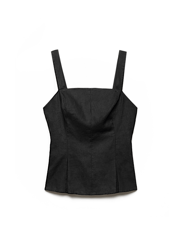 Pure Linen Square Neck Panelled Peplum Top