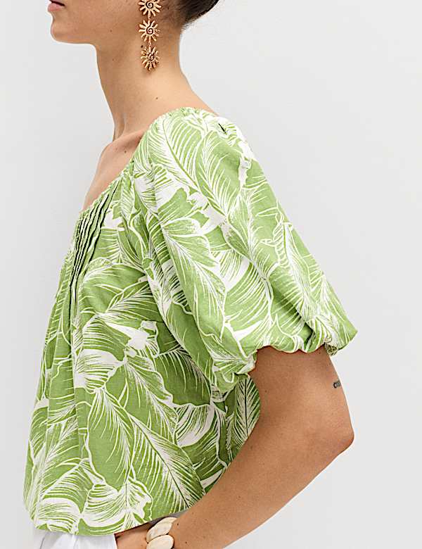 חולצה מבד עשיר בפשתן עם שרוולים תפוחים וקפלים - IL