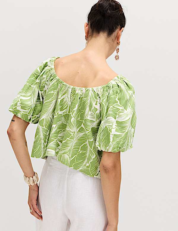 חולצה מבד עשיר בפשתן עם שרוולים תפוחים וקפלים - IL