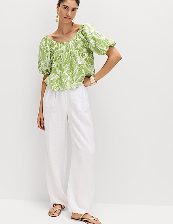 חולצה מבד עשיר בפשתן עם שרוולים תפוחים וקפלים - IL