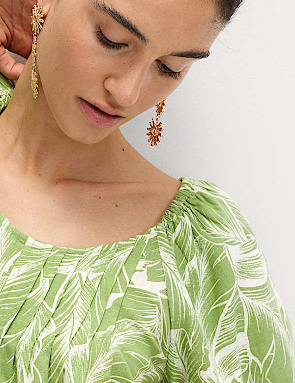 חולצה מבד עשיר בפשתן עם שרוולים תפוחים וקפלים - IL