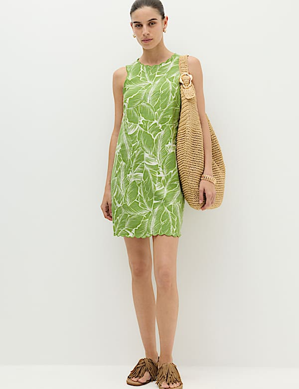 Linen Rich Printed Scallop Mini Shift Dress