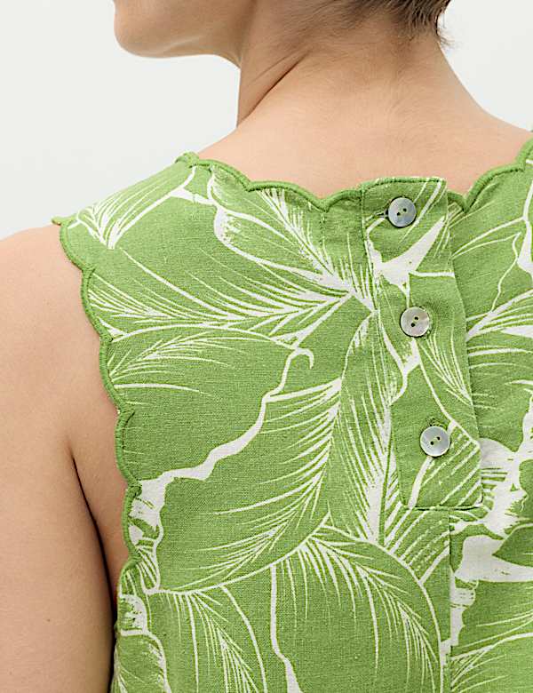 Linen Rich Printed Scallop Mini Shift Dress