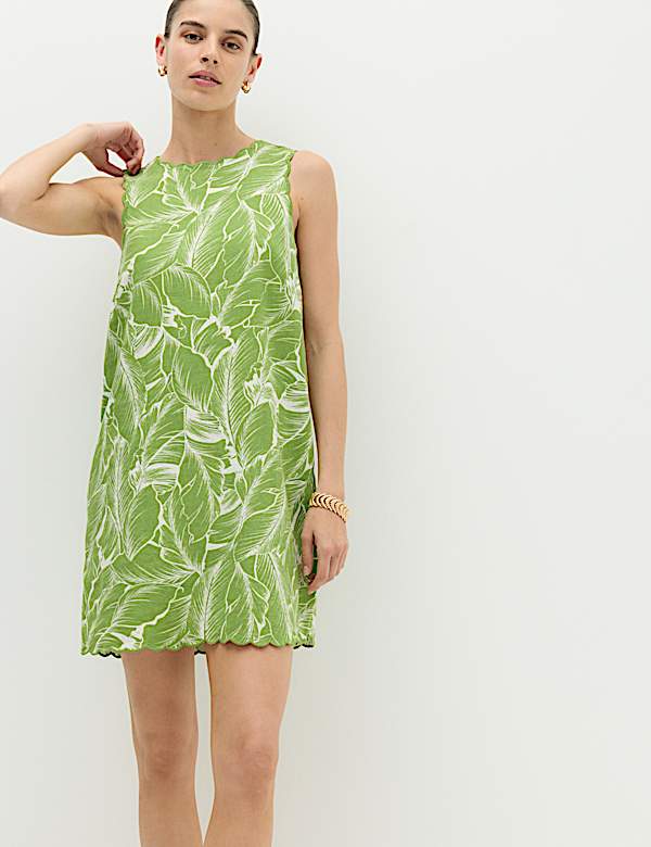 Linen Rich Printed Scallop Mini Shift Dress