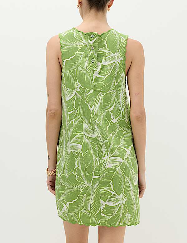 Linen Rich Printed Scallop Mini Shift Dress