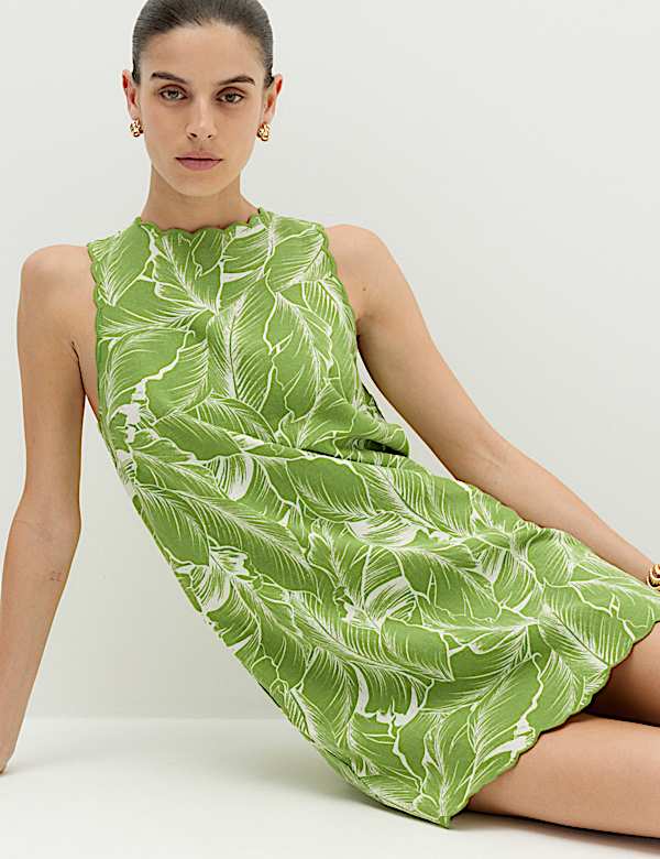 Linen Rich Printed Scallop Mini Shift Dress