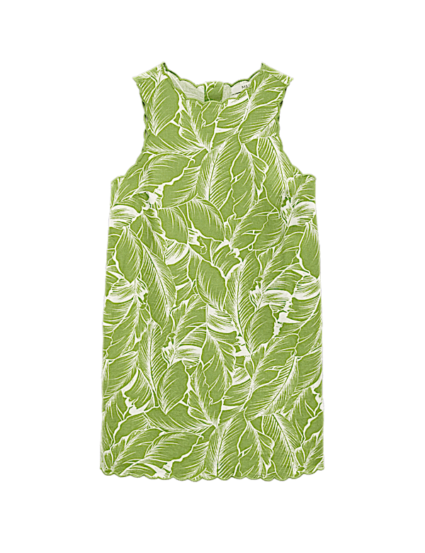 Linen Rich Printed Scallop Mini Shift Dress