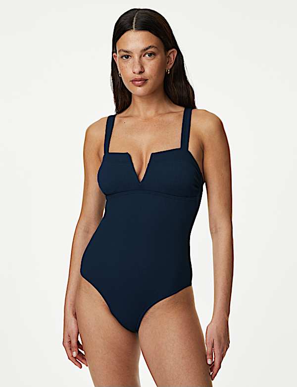 Tummy Control Ribbed Padded V-Neck Swimsuit