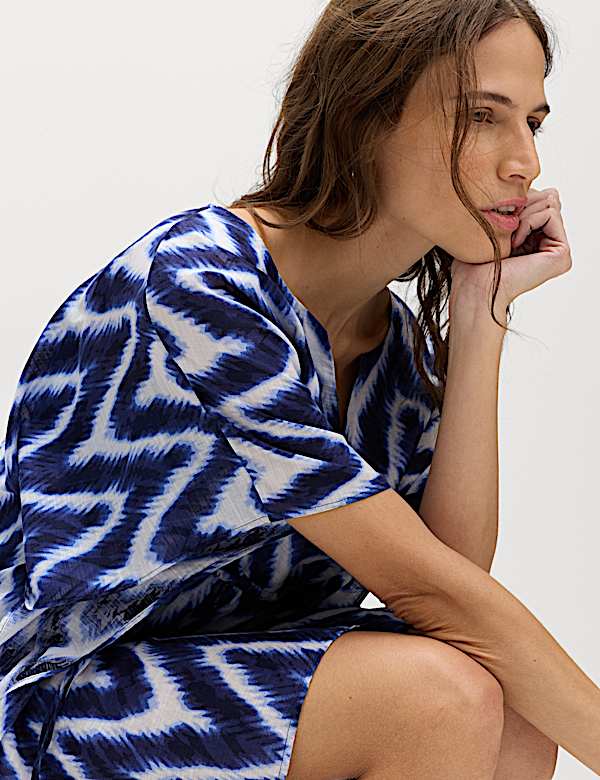 Caftan de plage coupe courte 100 % coton imprim&eacute; &agrave; col en V - CH