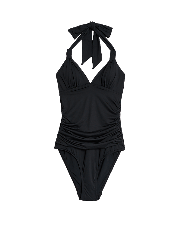 Padded Ruched Halterneck Plunge Swimsuit