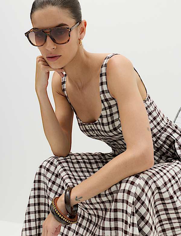 Linen Rich Printed Scoop Neck Corset Dress - AU