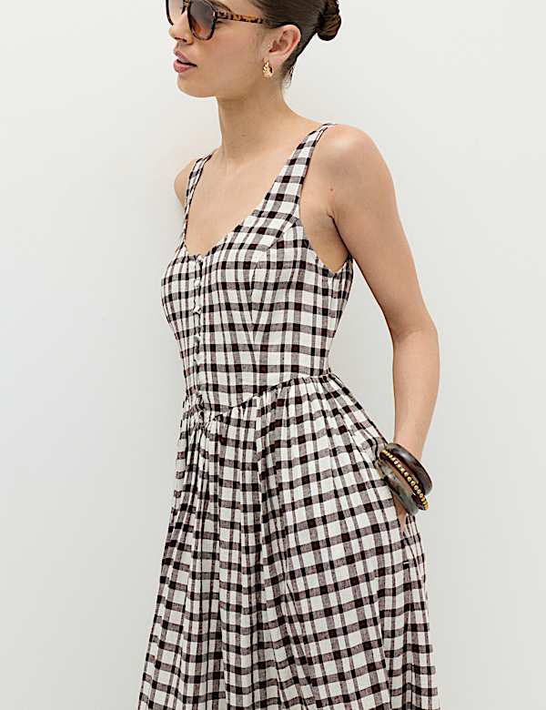 Linen Rich Printed Scoop Neck Corset Dress - AU