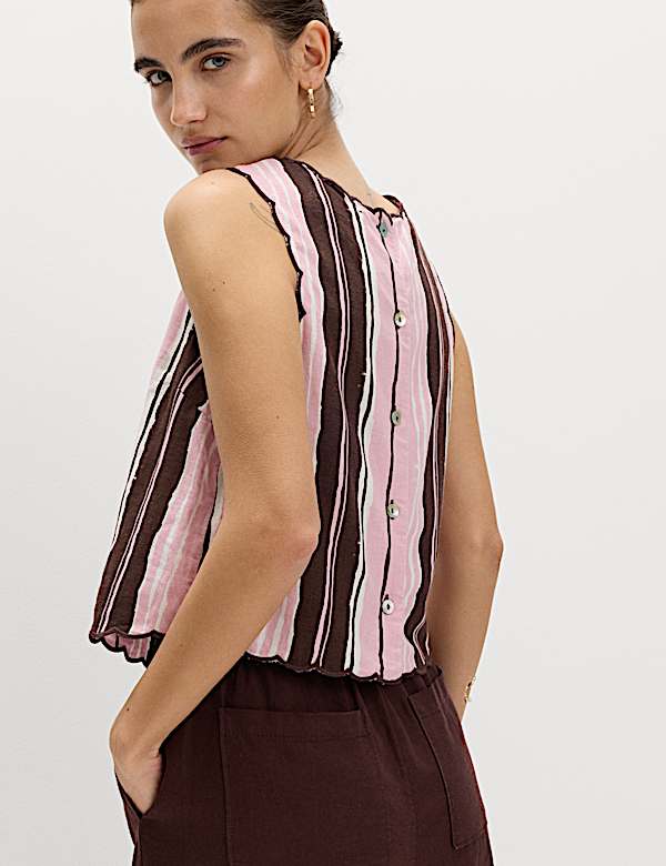 Linen Rich Striped High Neck Vest Top - LU