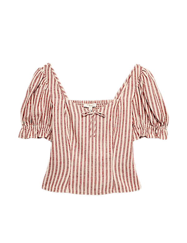 Linen Rich Printed Sweetheart Neck Top