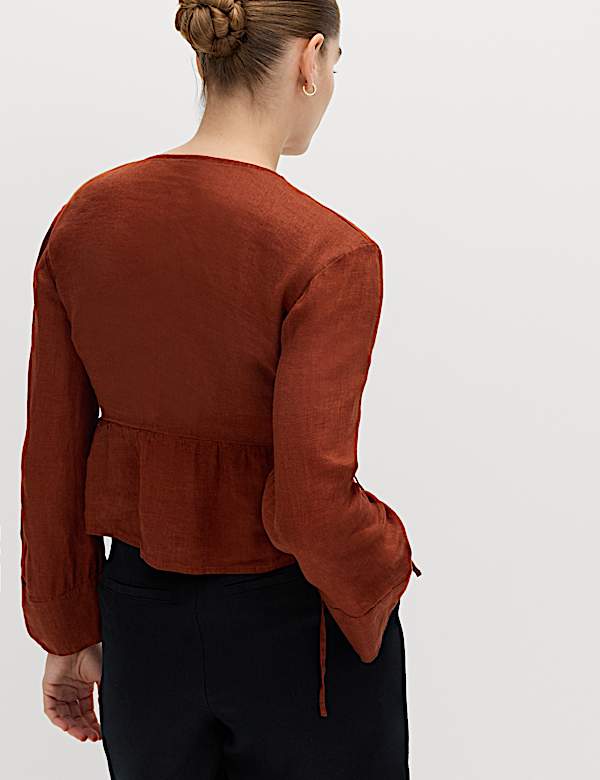 Pure Linen V-Neck Peplum Top - PT
