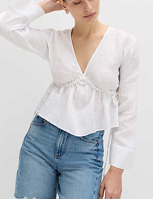 Pure Linen V-Neck Peplum Top | WHITE | Tops | M&S US
