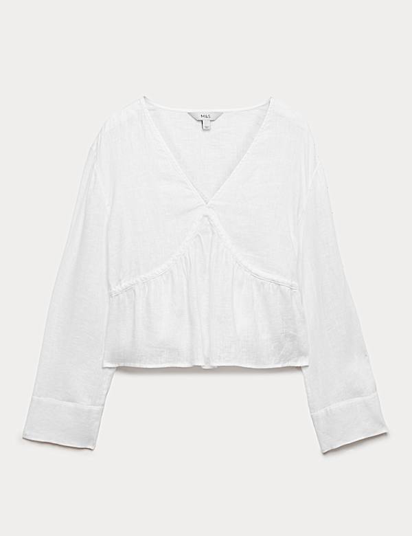 Pure Linen V-Neck Peplum Top - SE