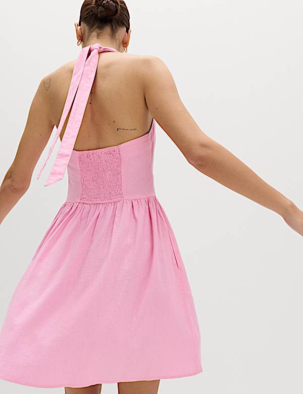 Linen Rich Halter Neck Mini Dress - SE