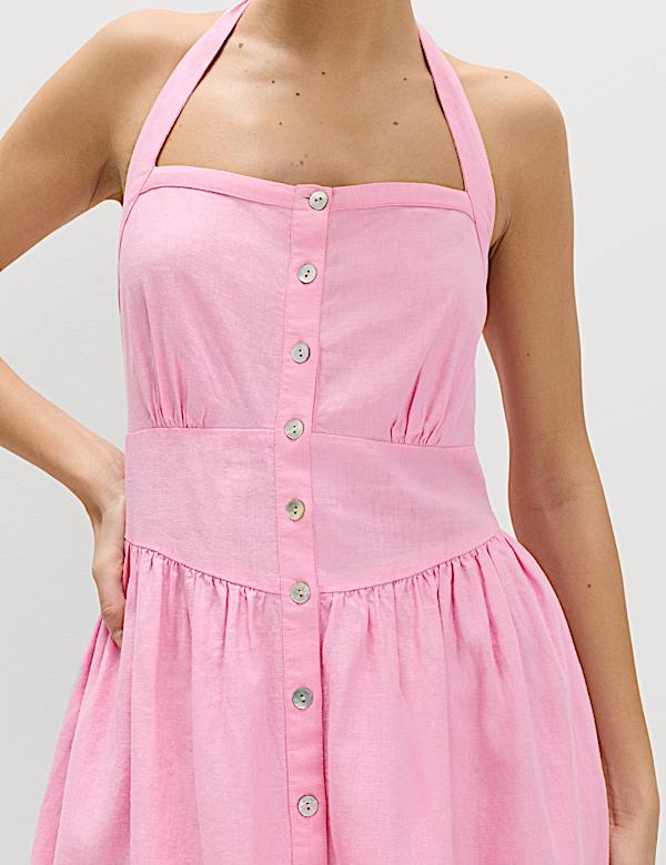Linen Rich Halter Neck Mini Dress - SE