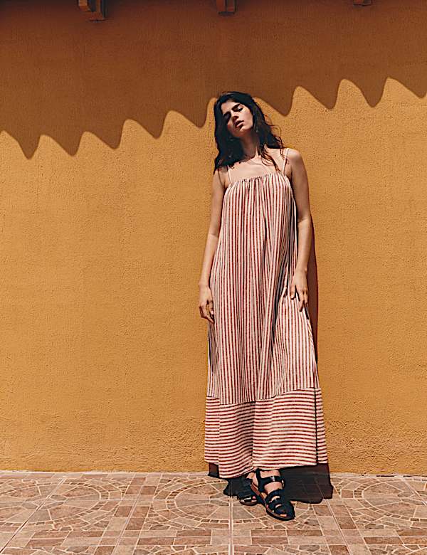 Linen Rich Striped Maxi Slip Dress