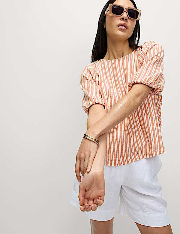Linen Rich Striped Puff Sleeve Blouse