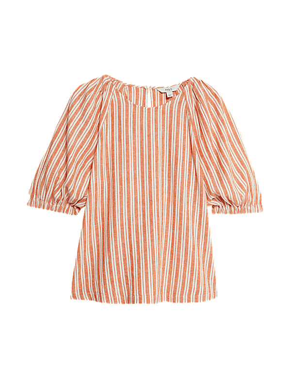 Linen Rich Striped Puff Sleeve Blouse
